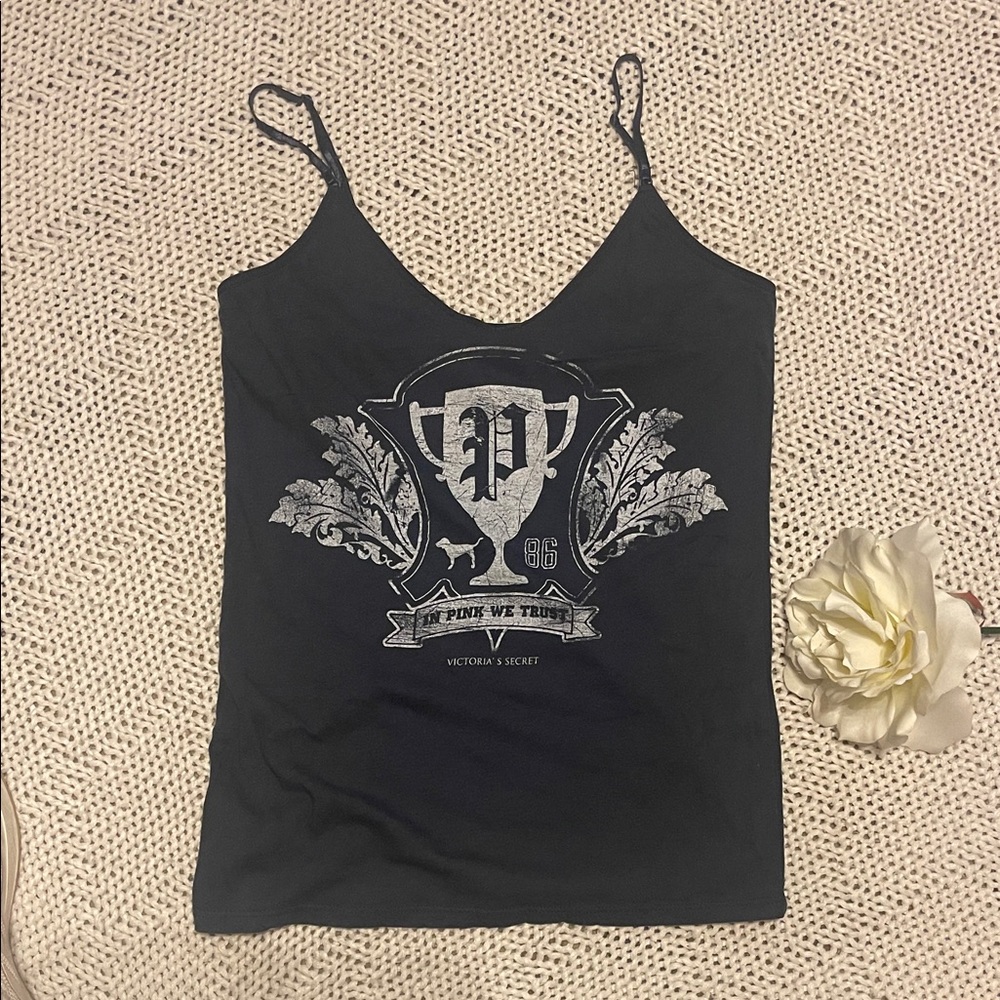 Victoria’s Secret PINK “In Pink We Trust” Crest Graphic Camisole Tank Top Navy S